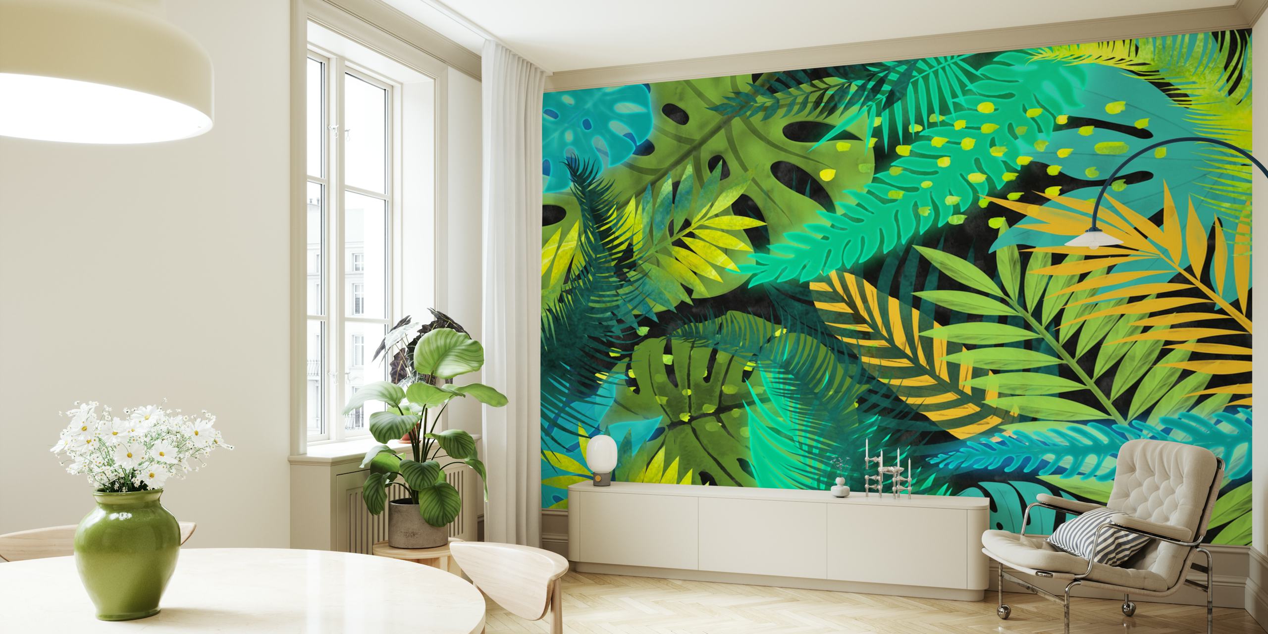 Lush green leaf patterns with blue and yellow accents wallpaper